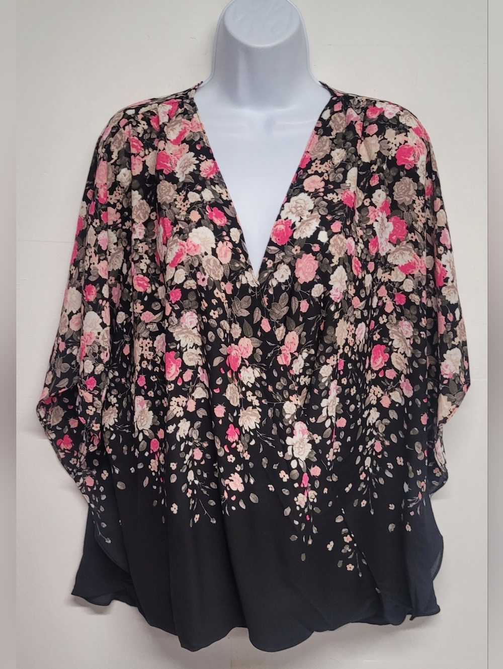 I.N.C 2X Top Wide Faux Wrap Flutter Sleeve Floral Black Polyester